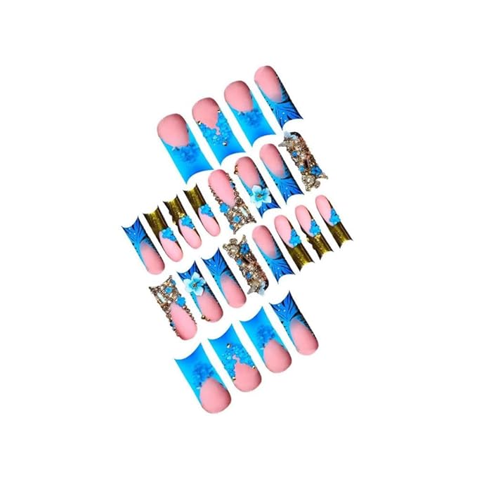 Long Square Press on Nails - Blue French Tips Fake Nails - 3D Flower Charm Design Gold Rhinestones False Nail Glossy Skin Tones Stick on Nails Cute Zebra Glue on Nail for Women Manicure 24Pcs