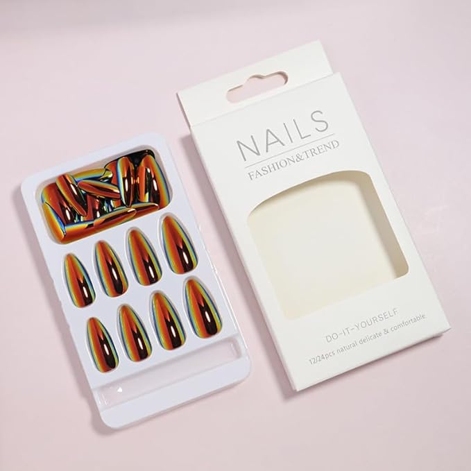 Chrome Fake Nails Almond Press on Nails Metal Mirror False Nails Press ons Glossy Gradient Acrylic Nails Medium Full Cover Holographic Glue Stick on Nail for Women Girls Manicure 24Pcs