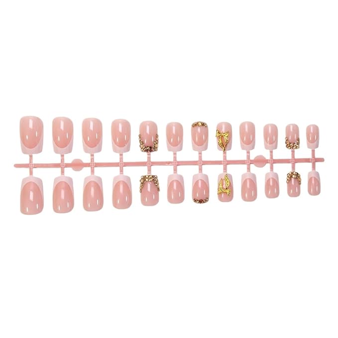 24Pcs White French Tip Press on Nails Short Square Gold Bow Fake Nails with Rhinestones Designs Full Cover Artificial Acrylic Nude Diamond Stick on Nails Reusable Glue on Nails for Women Manicure