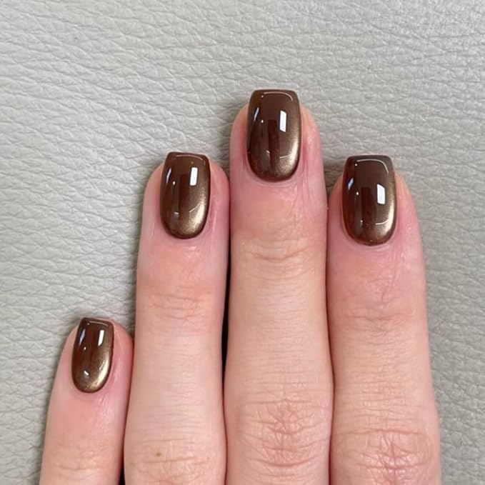 Glitter Brown Cat Eye Press On Nails Short Round – Fall Caramel Color, Gel-Infused Acrylic Reusable Fake Nails w/Adhesive Tabs & Glue, Salon-Quality Cute Press-Ons for Women Girls Gift