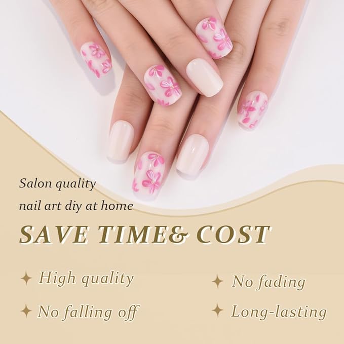Ivory White Press on Fake Nails Short Square with Peach Flower Design, Glossy Press on Nails for Wide Nail Beds Reusable Manicure for Women Girls, Perfect Fit Stick on Soft Nail Press ons 24Pcs