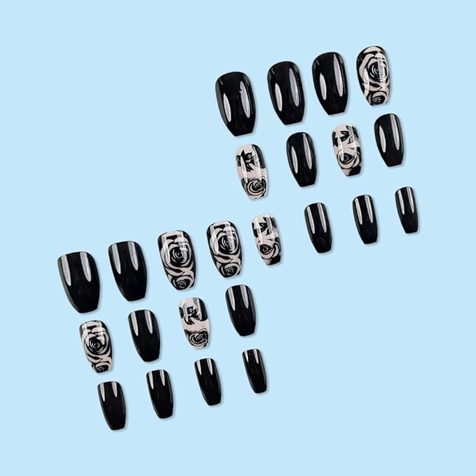 Press on Nails Black Rose Fake Nail Coffin Shaped False Nails with Gradient Design Medium Coffin Stick on Nail Glossy Acrylic Nails Black Press on Nails Artificial Reusable Nails for Women 24Pcs
