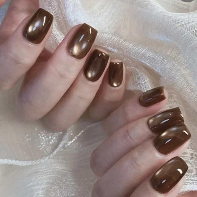 Brown Press on Nails Short Square Fake Nails Glossy Cat Eye False Nails with Shiny Solid Color Acrylic Nails Chrome Glue on Nail for Women Manicure Decoration 24Pcs