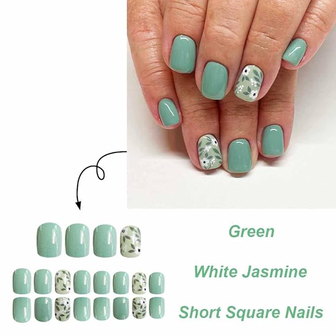 Press on Nails Square Short Fake Nails Press ons Nail Tips Artificial Acrylic Kit Full Cover False Nails with White Jasmine Glossy Simple Designs Stick on Nails for Women 24Pcs