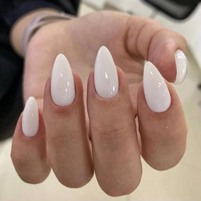 Frost White Press on Nails Almond Shaped Medium Almond Nails Press on Neutral Acrylic Nails Reusable Fake Nails for Women Girls, Glue on Nails Medium Length Stiletto False Nails Gel Artificial Nails