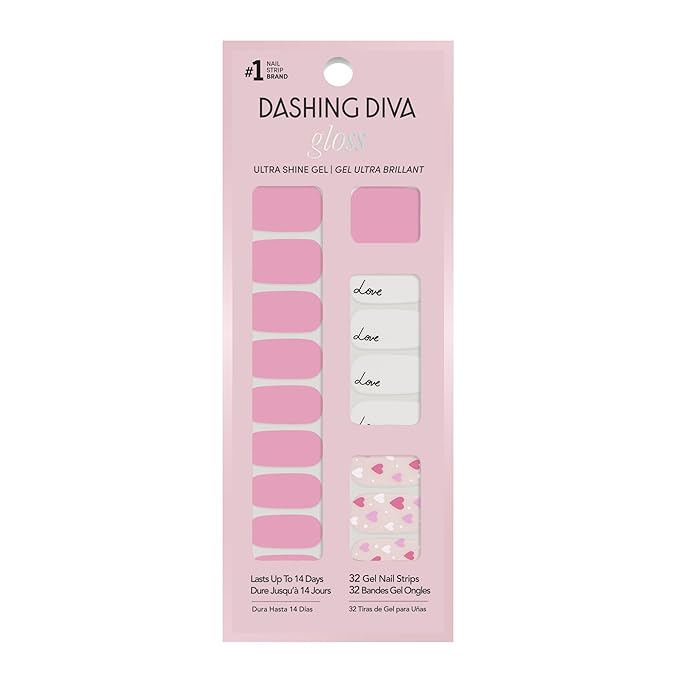 Dashing Diva Gloss Nail Strips - Heart to Heart - UV Free, Chip Resistant, Long Lasting Gel Stickers - Contains 32 Wraps, 1 Prep Pad, 1 File