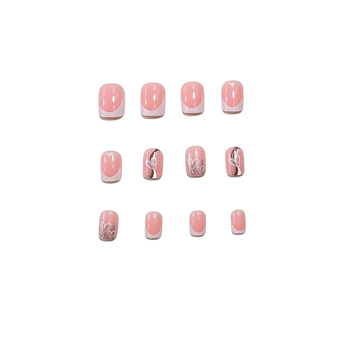 RTKHFZE Short Press on Nails Square White French Tip Fake Nails Glitter Acrylic Nails Valentine Day False Nails with Heart Designs Glue on Nail Glossy Artificial Nail for Women 24Pcs