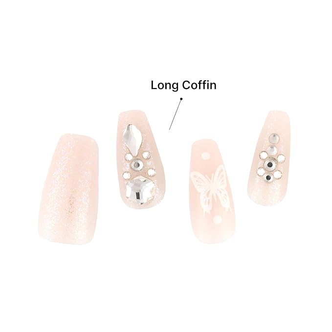 KISS Majestic, 30 Pcs Press On Nails, Medium Coffin Fake Nails, Pink Butterfly Glitter Design with Gems, Reusable Stick On Extensions Full Cover Kit with Glue, Adhesive Tabs, Manicure Stick & File