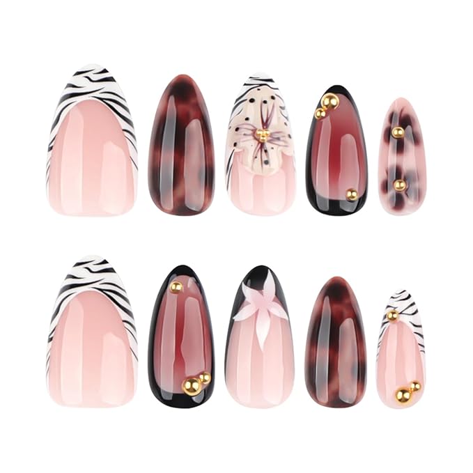 Fall Winter Press on Nails Medium Almond Fake Nails Brown Nails Press ons with Tortoise,Zebra Print,Flower Design,Full Cover Stick on Nail for Women Manicure,Reusable | Artificial | Easy Apply | 24Pcs