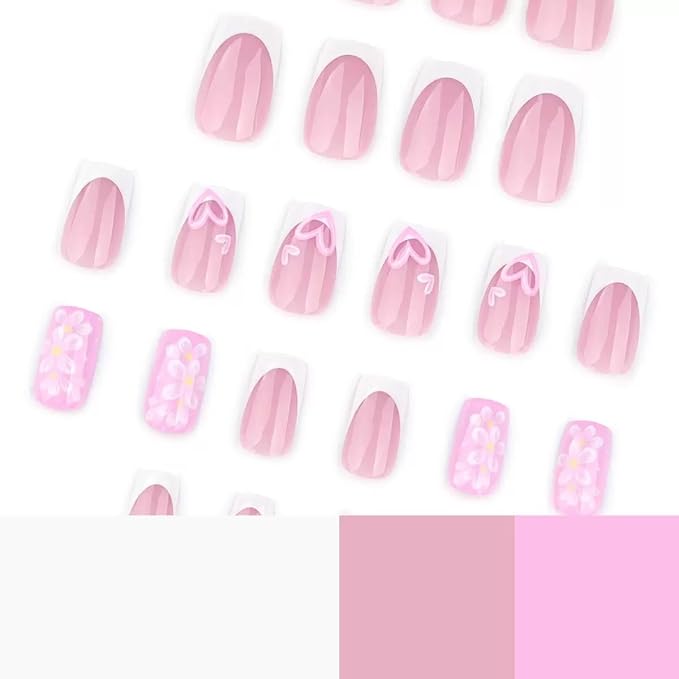 Press on Nails Square - Medium Fake Nails with Flower Heart Design - White French Tip False Nails Press ons - for Women 24 Pcs