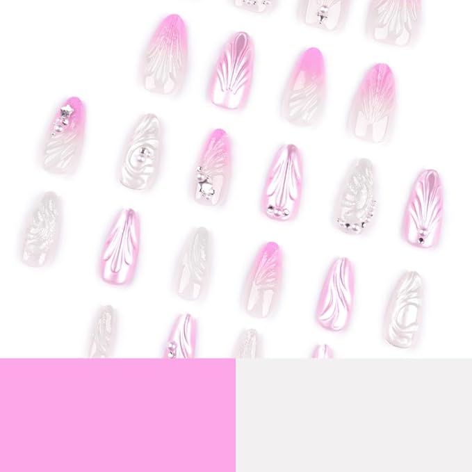 Summer Press on Nails Medium Almond Fake Nails with 3D Pearl Water Ripple Design Seashell Glue on Nails Ombre Pink Nude False Nails Glossy Reusable Handmade Nails for Women Girls Manicure 24pcs
