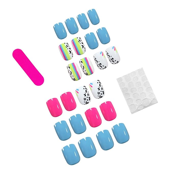 Press on Nails Short - Square Fake Nails with Colorful Line Design - Glossy Full Cover Stick on Nails - for Women 24 Pcs