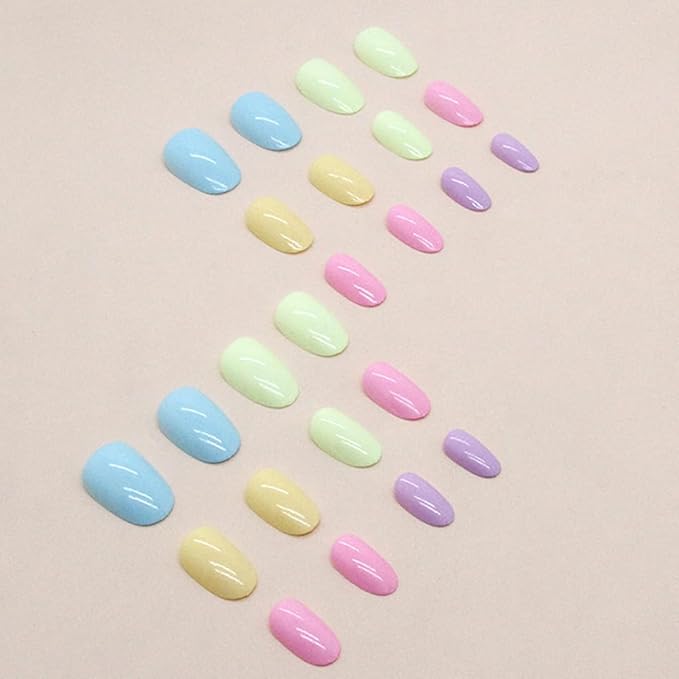 Easter Press on Nails Short - 24Pcs Cute Multi-Color Glossy Acrylic Nails, Spring Theme Fake Nails, Easy Apply Artificial Stick on Nails for Women