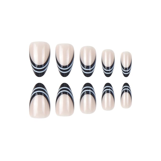 Black French Tip Press on Nails Short Almond Fake Nails Stripe Nails Press ons with Blacke White Lines Design Full Cover Stick on Nails for Women Manicure,Reusable | Glue Tabs | Easy Apply | 24Pcs