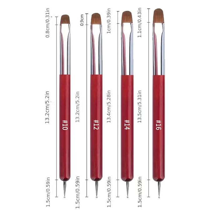 4Pcs French Tip Brush, Double-Ended French Brushes for Nails with Dotting Tool, Clean Up Brush for Gel Nail Polish, Size 10/12/14/16, Acrylic Nail Art Brushes, Manicure Tools for Nail Design-Red