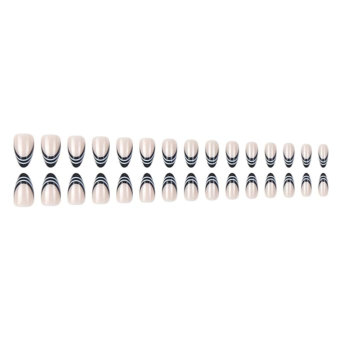 Black French Tip Press on Nails Short Almond Fake Nails Stripe Nails Press ons with Blacke White Lines Design Full Cover Stick on Nails for Women Manicure,Reusable | Glue Tabs | Easy Apply | 24Pcs