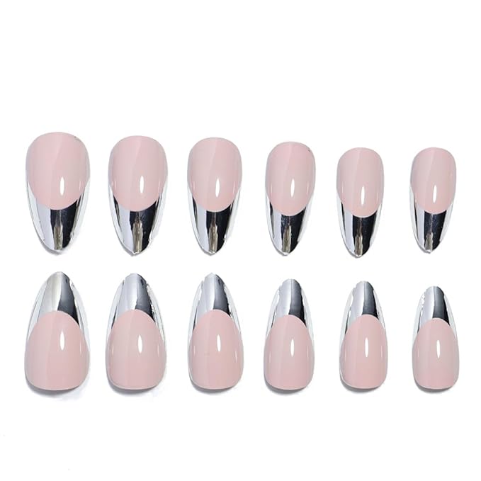 French Tip Press on Nails Medium Almond Fake Nails Silver French Nail Tips Metal False Nails Artificial Acrylic Nails Full Cover Glue on Nail for Women Nail Decoration