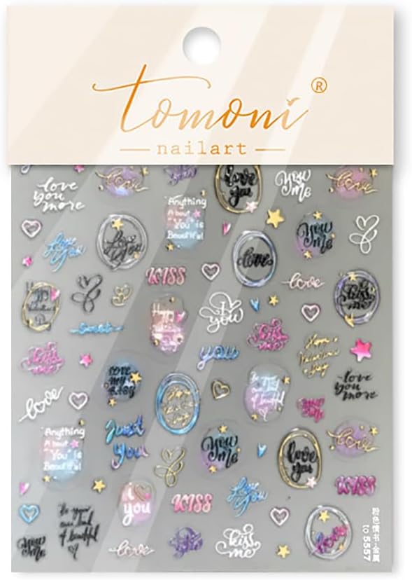 5D Embossed Valentines Nail Art Stickers Self-Adhesive Letter Nail Stickers Retro English Alphabet Heart Star Circle Designs Cute Nails Valentines Day Nail Decals for Women Manicure Supplies DIY