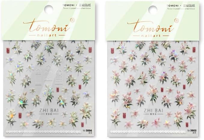 Spring Floral Nail Art Stickers, Blossoms Lily Design with Iridescent Effect, Valentine's Day Decorative Nail Decals (Lily Two)