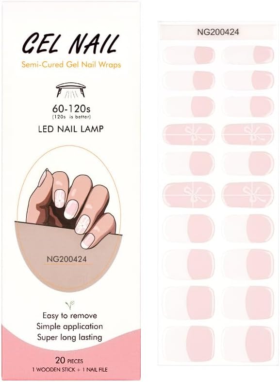 20pcs Christmas Semi Cured Gel Nail Strips - Salon-Grade DIY Wraps with Glaze Texture, Easy Application, UV Light Required for Festive Nails(Pink Toned Bow Accented French Nail)