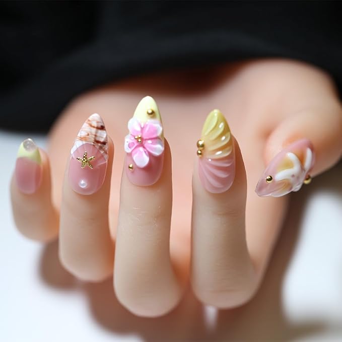10Pcs Long Almond Handmade Press On Nails | Pink-Yellow Ombre with 3D Starfish, Flower & Seashell Decor | Easy to Apply, Remove & Reusable, Salon-Quality (A017, XS)