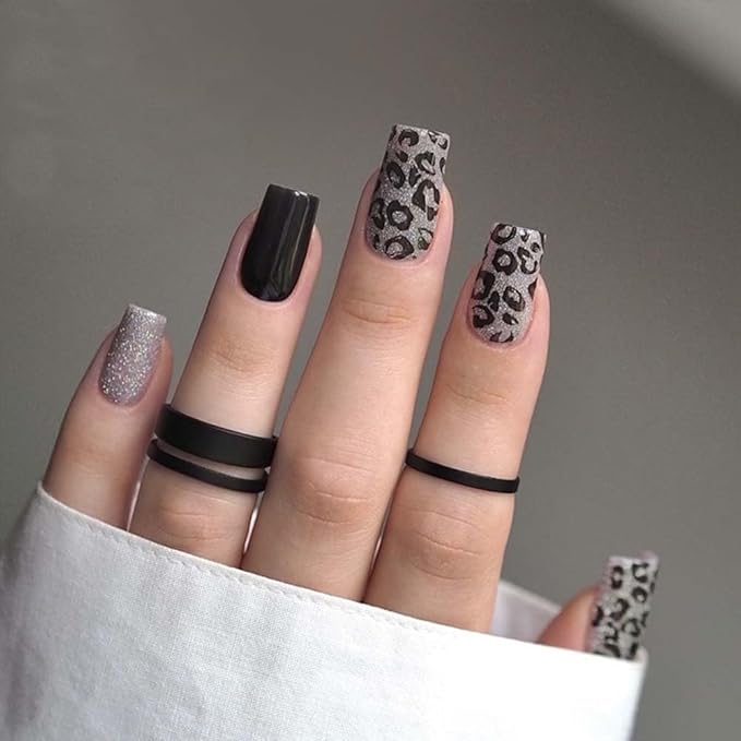 Leopard Print Press on Nails Black Fake Nails Medium Square False Nails Press ons with Design,Reusable Artificial Nail Full Cover Glue on Nail Stick on Nails for Women Manicure 24Pcs