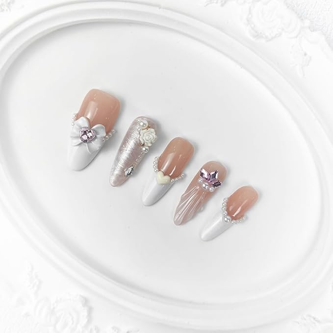 2025 Bridal Romance Pearl Bow White Sheer Reusable Handmade PMMA Acrylic Press on Nails w/Box Gifts for Women (Pure Vow, M)