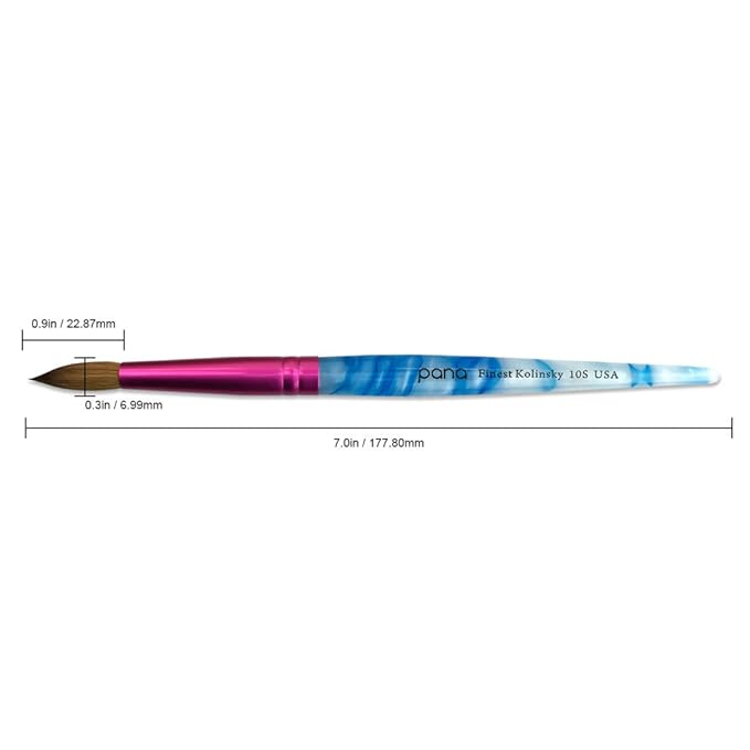 PANA USA Acrylic Nail Brush Pure Kolinsky Hair Acrylic White Swirl Blue Handle with Pink Ferrule Round Shaped - Size 10