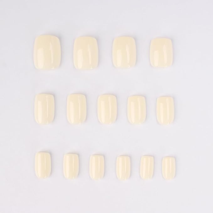 Short Press On Nails Square – 30PCS Glossy Creamy White Shade Fake Nails, Minimalist Acrylic Stick On Nails Kit with Glue & Tools, Natural False Nails for Everyday Wear