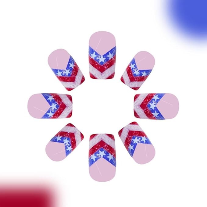 Independence Day Press on Nails Medium Square False Nails with Red Blue American Flag French Tips Design White Star Fake Nails Glossy Glitter 4th of July Glue on Nails for Women Girls Manicure 24Pcs