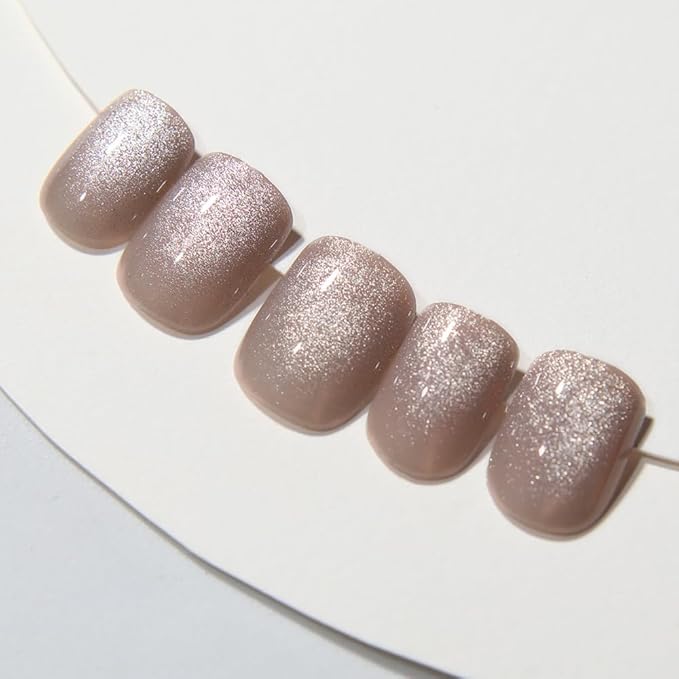 Nude Press on Nails Short Square, Summer Cat Eye Press on Nails, Fashion Gel Fake Nails, Reusable Acrylic Fake Nails, Glossy Stick on Nails for Women, Glue on Nails Kit, Icy Nude