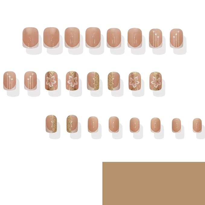 Short Square Press on Nails - White French Tip Fake Nails with Flower Design - Cute Full Cover Stick on False Nails -for Women 24 Pcs