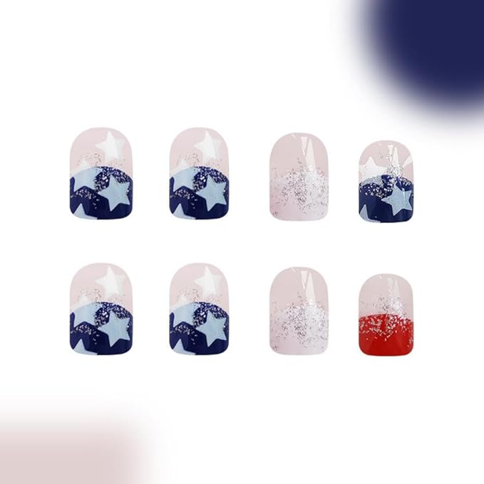 Independence Day Press on Nails Short Square False Nails with Star Designs French Fake Nails Glossy Red Blue Artificial Nail Glitter 4th of July Acrylic Nail for Women Girls Manicure 24Pcs
