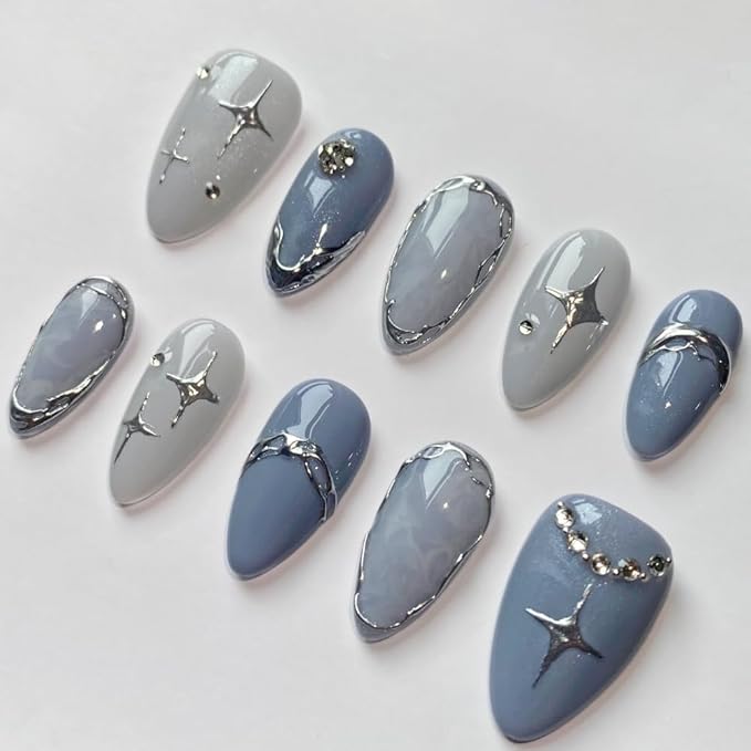 Press On Nails Handmade French Nails for Women, Reusable Medium Almond False Nails, 10PCS ABS Artificial Fingernails with Tip Designs for Salon & Home Use Size L