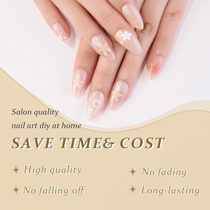 evpct 3D Nude Pink Handmade Press On Nails Almond Short, 3D Flower Shell Design Fake Nails Rusable for Spring & Summer Daily Wear, False Acrylic Nail with Kits Press ons Nail for Women Gift, 30Pcs