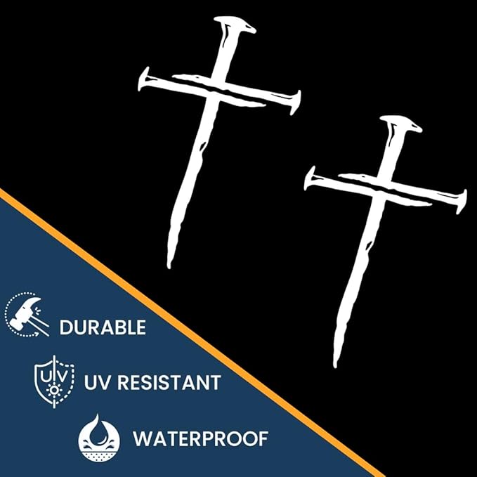Cross of Nails Sticker - Vinyl Christian Sign Decal, Pack of 2, 5.9 x 4 inches