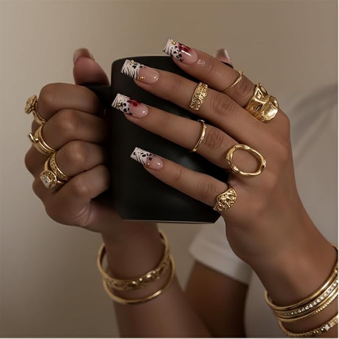 Press on Nails Almond Leopard Flower French Fake French Fake Nails Reusable Nail Kit with Nail Glue Adhesive Tabs Mini Nail File for Women Manicure Art Decoration 24PCS