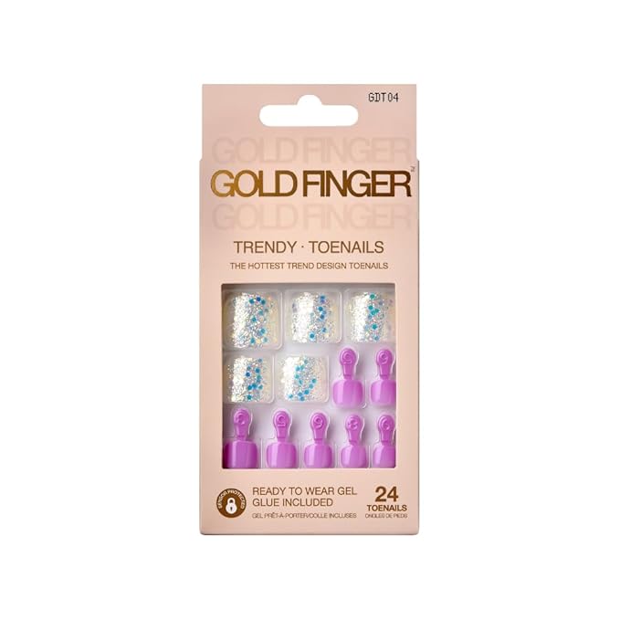 GoldFinger Trendy Press On Fake Toenail Kit, Glitter Confetti Flakes & Purple Color, Ready to Wear Gel & Manicure Stick, Mini Glue included, Long-Lasting Convenient & Easy to Apply
