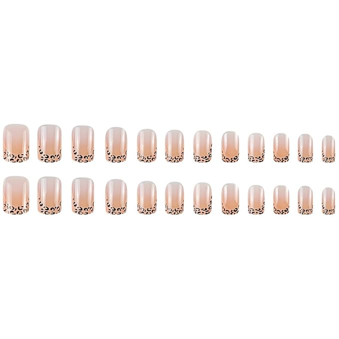 French Tip Press on Nails Leopard Fake Nails Short Square False Nails Glossy Cute Glue on Nail Reusable Acrylic Nails full Cover Stick on Nail for Women Manicure 24Pcs