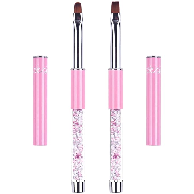 2Pcs Oval & Flat UV Builder Gel Nail Brush Set Rhinestone Handle Polygel Hard Gel Nail Art Brushes Pink