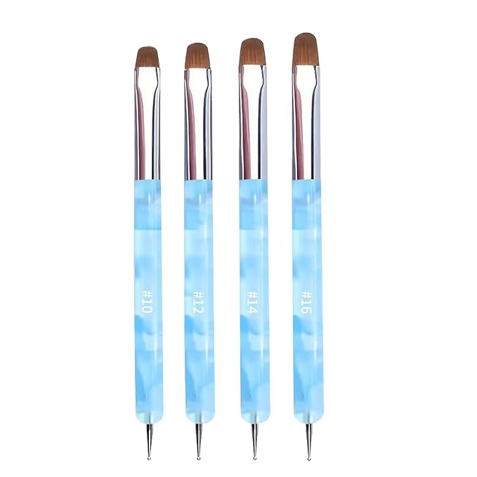 4Pcs French Tip Brush, Double-Ended French Brushes for Nails with Dotting Tool, Clean Up Brush for Gel Nail Polish, Size 10/12/14/16, Acrylic Nail Art Brushes, Manicure Tools for Nail Design-Blue