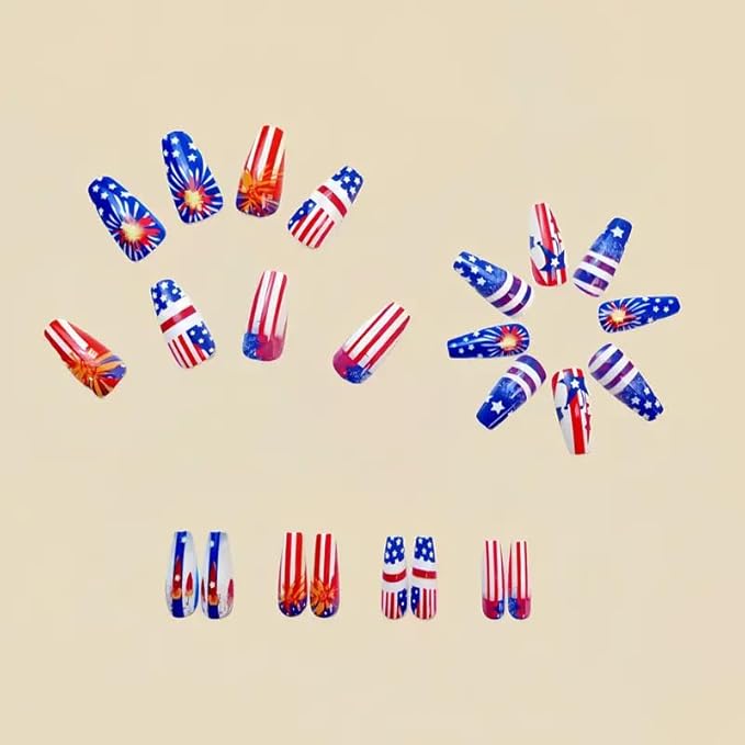 4th of July Press on Nails Medium Coffin Fake Nails with Blue Red White Designs Patriotic Coffin False Nails Full Cover Glossy Acrylic Stick on Nails Independence Day Glue on Nails for Women 24Pcs