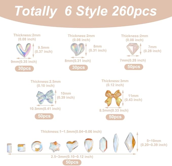 FASHEWELRY 260Pcs 3D Nail Art Decorations: Resin Flatback Butterfly Bowknot Charms, Mini Studs Accessories for Jewelry Making and Design