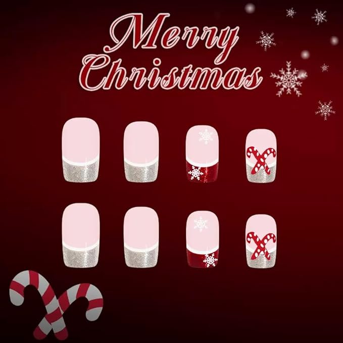 2 Packs 48Pcs Christmas Press on Nails Short Square Fake Nails Glitter French Tip False Nails Press ons Red Green Designs Winter Xmas Glue on Nails Kid Set for Women Girls Decoration