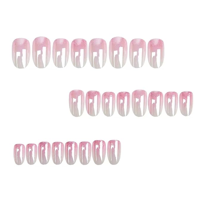 Short Press on Nails Almond - Pink Fake Nails with Ombre Chrome Design - Glitter Glossy Full Cover Stick on False Nails - for Women 24 Pcs