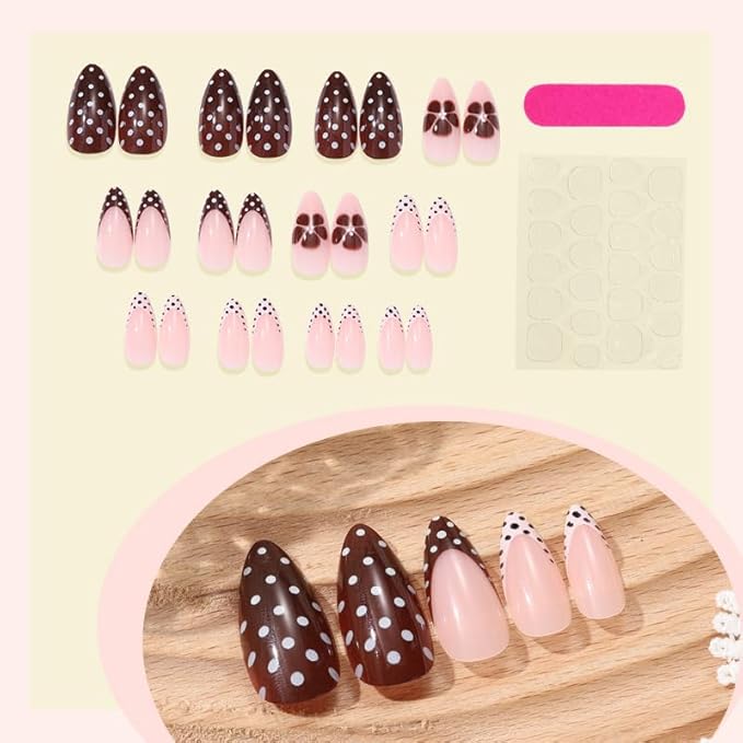 Almond Press on Nails Polka Dot Fake Nails French Tip False Nails Brown Flowers Glue on Nail Reusable Acrylic Nails Full Cover Stick on Nail for Women Manicure 24Pcs
