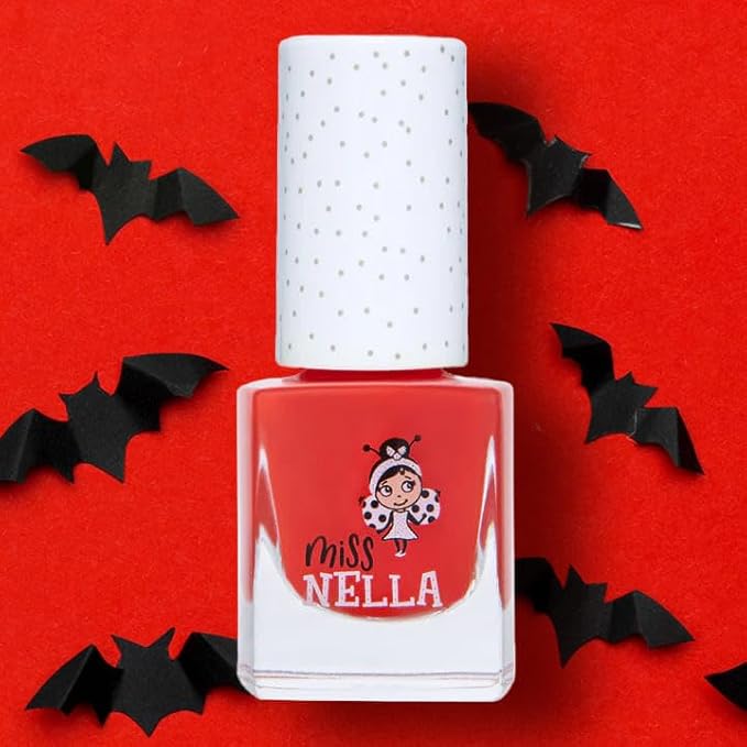 MISS NELLA Halloween Special Glitter Kids Nail Polish 3 Pack: Poppy Fields (orange), Surprise Party (black glitter) & Class Clown (red), Peel-off, Non- toxic, Water Based Formula