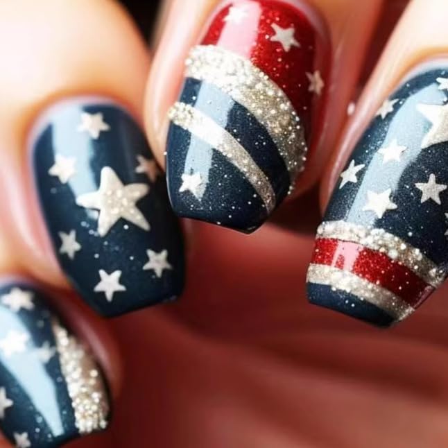 24Pcs Short Press on Nails Independence Day Nails Press ons Square Fake Nails with Glitter & Stripe Designs Full Cover Stick on Nails Patriotic False Nails for Women 4th of July