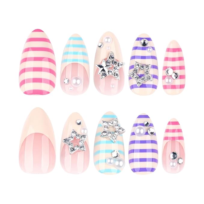 Pastel Stripe Press on Nails Medium Almond Fake Nails Y2K Nails Press ons with Star Charms Design,Reusable & Easy Apply Full Cover Stick on Nails for Women Manicure 24Pcs