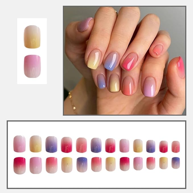 Press on Nails Square Short Fake Nails Short Press ons Nail Tips Artificial Acrylic Kit Full Cover False Nail with Multicolor Gradient Glossy Designs Stick on Nails for Women 24Pcs